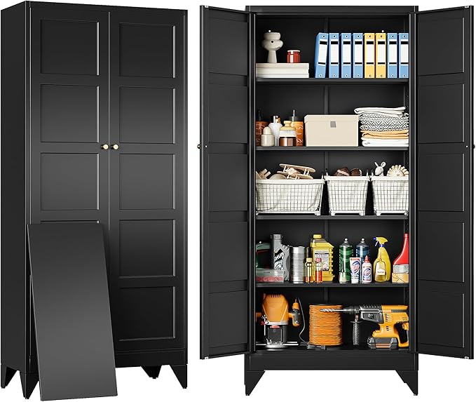 Metal Storage Cabinets with 2 Doors and 5 Shelves,Tall Storage Cabinet,Large Cupboard Closet,Pantry Storage Cabinet for Home,Office,Bathroom,Dining/Living Room (Black, 72" H)-Ruum Studio Home
