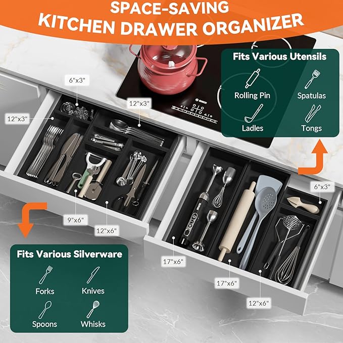 Bamboo Kitchen Drawer Organizer - Set of 2, Stackable Utensil Organizers, Wooden Storage Box Tray for Cabinet, Pantry, Bathroom Countertop, Multi-use Organization and Storage (Black)-Ruum Studio Home