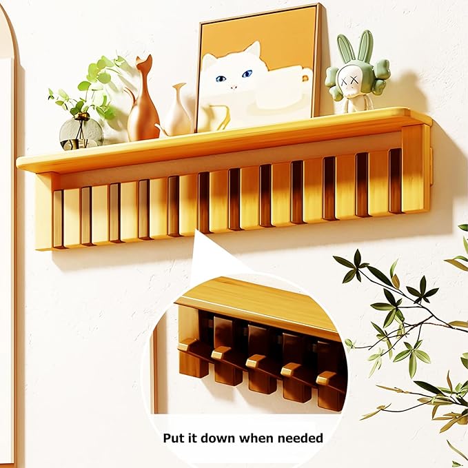 Wall Mounted Piano Key Hanger | Flip Style Hook | Entrance Wall Art Hook, Made of Oak Wood (3 Times Painted, 4 Times Polished) (Tray Beech, 12Hooks)-Ruum Studio Home