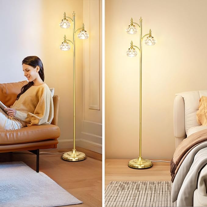 Gold Floor Lamp, Dimmable Tree Floor Lamps for Living Room Brass Tall Standing Lamp with 3 Rotatable Lights Glass Shade 66.5'' Modern Corner Lamp for Bedroom Office(3LED Bulbs Included)-Ruum Studio Home