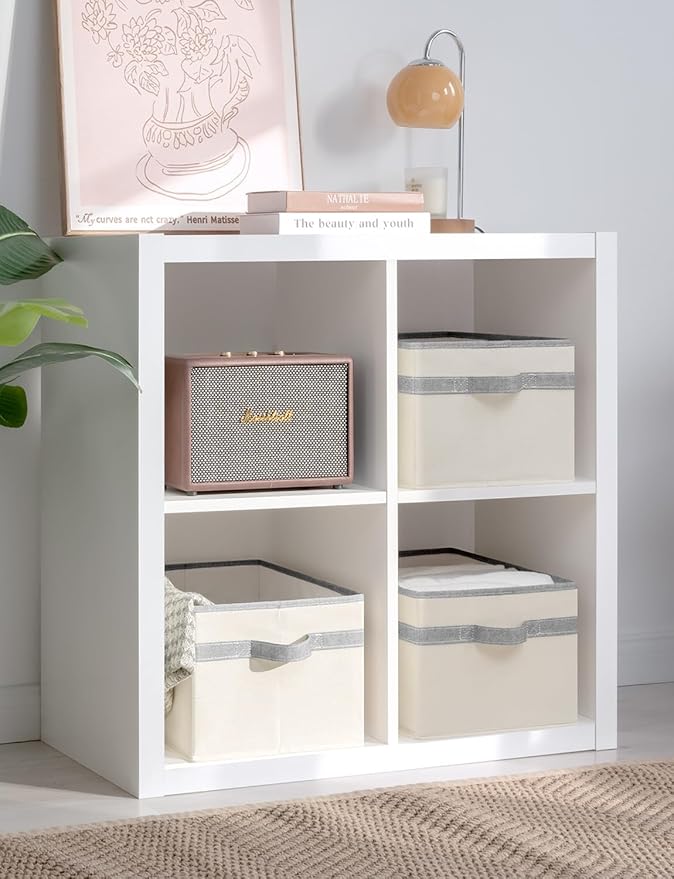 StorageWorks Storage Baskets for Shelves, Foldable Fabric Closet Storage Bins with Handles, Fabric Storage Bins Clothes Organizer, Beige and Gray, 3-Pack, Large-Ruum Studio Home