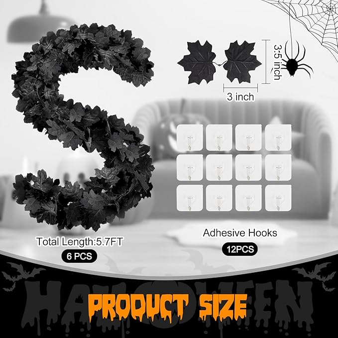 Joyhalo 6 Pack 5.7FT Black Maple Leaf Garland,Halloween Artificial Hanging Black Vines,Halloween Outdoor Garland for Mantle,Door Frame,Fireplace and Thanksgiving Decor-Ruum Studio Home