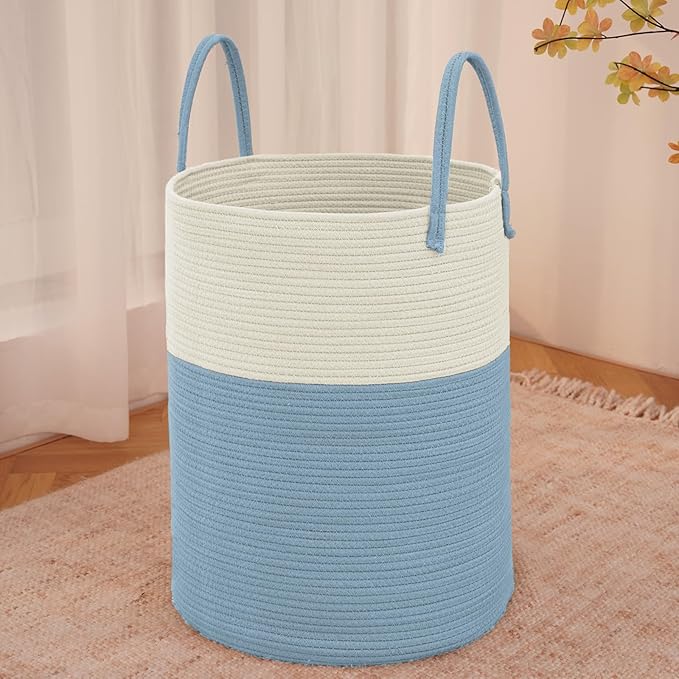 Large Woven Laundry Basket Hamper,80L Cotton Rope Storage Bin for Blankets,Toys and Clothes,Decorative Tall Nursery Hamper for Living Room,Baby Nursery,Bathroom and Bedroom,White and Blue-Ruum Studio Home