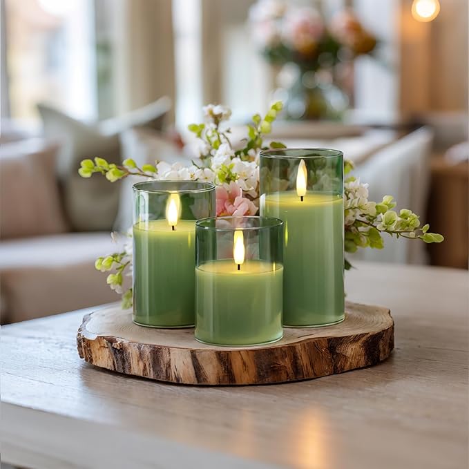 Homemory Green Glass Flameless Candles, Battery Operated LED Pillar Candles with Remote Control and Timer, Radiance Candles, Real Wax, Set of 3,D3 xH4 5" 6"-Ruum Studio Home