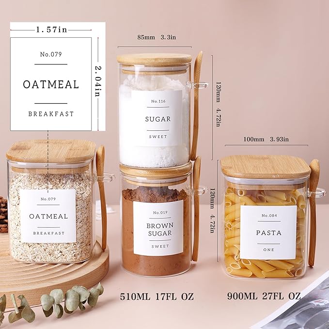 6 Pack Glass Jars with Bamboo Lid and Spoons - 17Oz/27Oz Borosilicate Glass Jars with 132 Pantry Labels - for Coffee Beans, Tea, Sugar & More-Ruum Studio Home