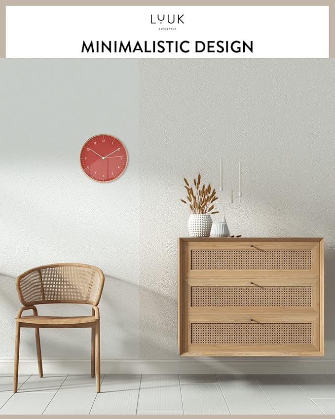 LUUK LIFESTYLE Modern Wall Clock with Silent Quartz Movement, Stylish and Elegant, for Living Room, Bedroom, Dining Room, red and Gold-Ruum Studio Home