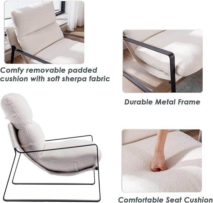 DUOMAY Modern White Sherpa Accent Chair, Comfy Lounge Lazy Chair with Metal Leg, Mid-Century Corner Arm Chair for Living Room Bedroom Office Apartment-Ruum Studio Home