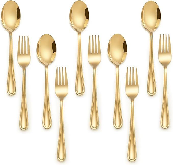 E-far 10-Piece Gold Toddler Utensils, Kid Stainless Steel Silverware Set, Children Safe Forks and Spoons Set for Self Feeding, Healthy & Non-Toxic, Mirror Polished & Easy to Clean-Ruum Studio Home