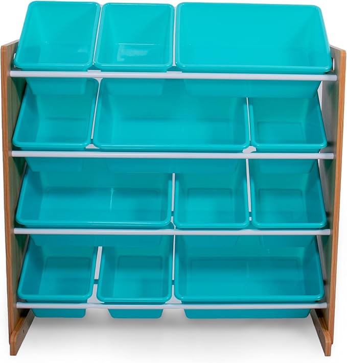 Humble Crew Kids Toy Storage Organizer with 12 Plastic Bins, Natural Wood/Aqua – Removable Bins for Playroom, Bedroom, Toddler Furniture for Boys and Girls Ages-Ruum Studio Home