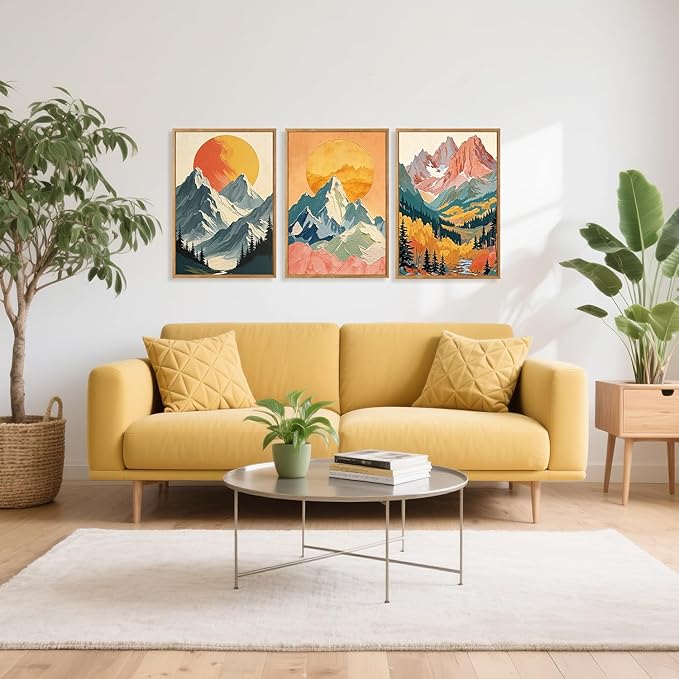 HPNIUB Mountains Forests Framed Canvas Wall Art Set, Abstract Woodland Painting, Boho Scenery Sun Wall Decor, Pretty Grassland River Artwork for Living Room, Bedroom, Dining Room, Office - 16"x24"x3-Ruum Studio Home