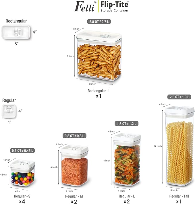 Felli Flip Tite Storage Container with 4 Inch Lid SQUARE & RECTANGLE, Air Tight Ring Seal Top Clear Acrylic Canister Jar, Spice Pasta Cereal Snack Pantry Organizer, Gift Set for Women (10pk, Variety)-Ruum Studio Home