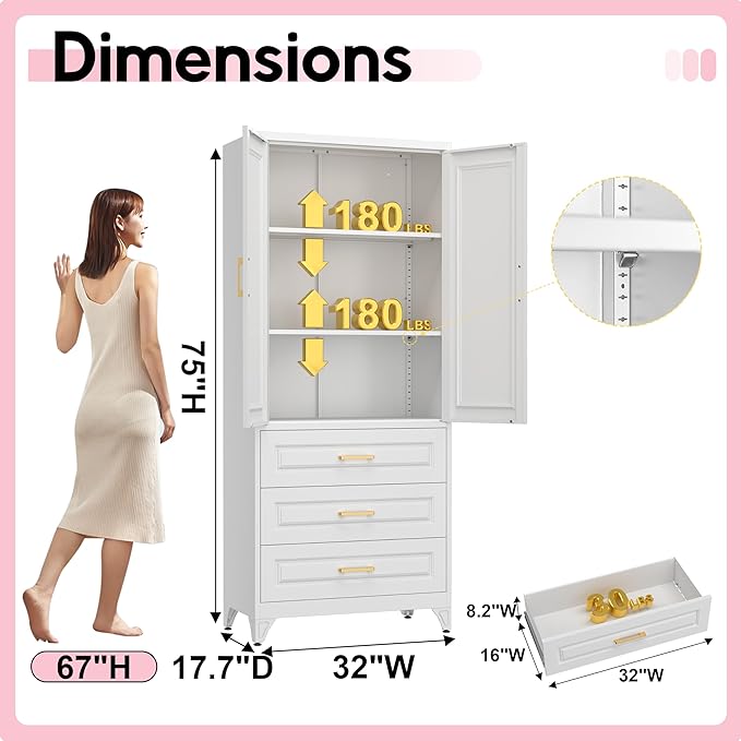 Pantry Kitchen Cabinet with Drawer, 75" Tall Pantry Storage Cabinet, Metal Storage Cabinets with Doors and Shelves, Large Freestanding Cupboard for Dining Room, Assembly Required, White-Ruum Studio Home