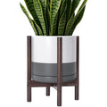 D'vine Dev Ceramic Planter with Walnut Color Stand - 12 Inch Modern Round Flower Pot with Wood Planter Holder, White/Grey, 55-B-W-6-Ruum Studio Home