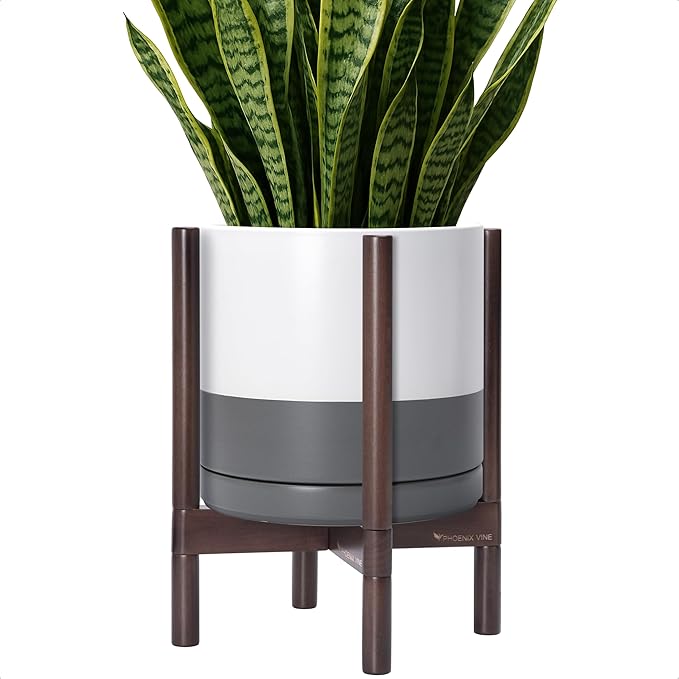 D'vine Dev Ceramic Planter with Walnut Color Stand - 12 Inch Modern Round Flower Pot with Wood Planter Holder, White/Grey, 55-B-W-6-Ruum Studio Home
