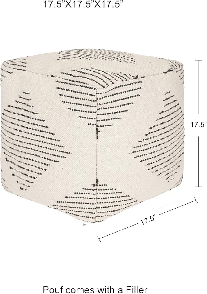 REDEARTH · Tufted Pouf Ottoman with Filler Textured Storage Cube Bean Bag Pouffe Footrest for Living Room, Bedroom, Nursery, Kidsroom; 100% Cotton (17.5"X17.5"X17.5", Loom Story 3 Natural Black)-Ruum Studio Home