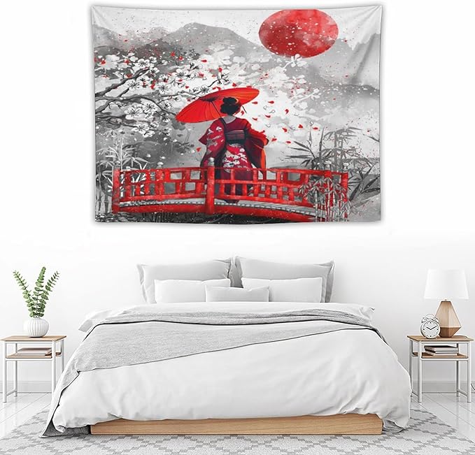 Japanese Red Geisha Tapestry Asian Cherry Blossom Red Sun Traditional Kimono Folk Tapestries Home Decor for Living Room Bedroom Apartment Farmhouse Dorm 40"x30"-Ruum Studio Home