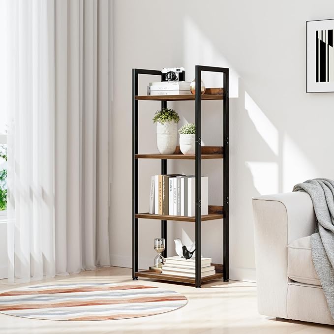 NUMENN Narrow Bookshelf, 4 Tier Bookshelves, Home Office Bookcase Shelf Storage Organizer, Free Standing Storage Shelving Unit for Bedroom, Living Room and Home Office, Vintage-Ruum Studio Home