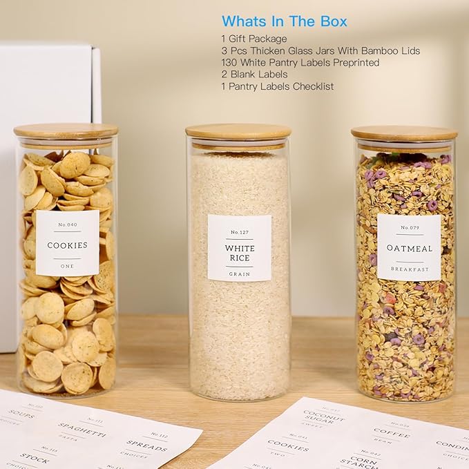 3 Pack Glass Jar with Airtight Bamboo Lid and White 132 Kichen Pantry Labels Preprinted - 56 Oz Clear Tall Glass Food Storage Containers set For Pasta Flour Cookie Rice-Ruum Studio Home