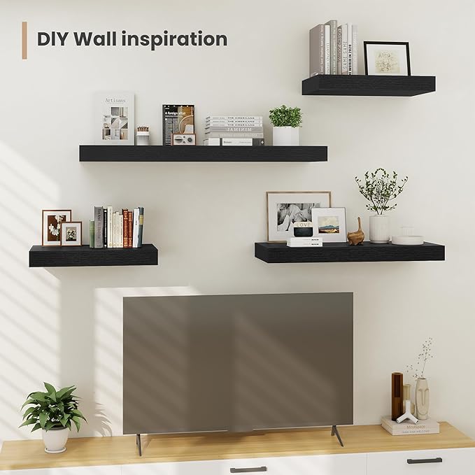 Heimlove 24 x 12 Inch Deep Floating Shelves Wall Mounted with Invisible Brackets,Storage Hanging Shelf for Wall Decor in Bathroom, Bedroom, Toilet, Kitchen, Living Room, Office Set of 2 (Black)-Ruum Studio Home