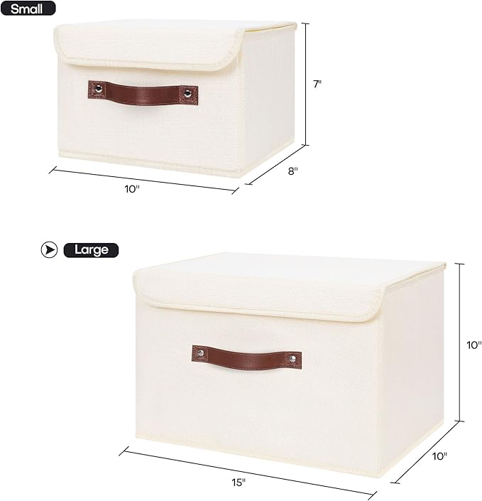 ANMINY Storage Bin with Lid Storage Boxes with PU Leather Handles PP Plastic Board Decorative Foldable Lidded Cotton Linen Fabric Home Cubes Baskets Closet Organizer Container - Beige, Large Size-Ruum Studio Home