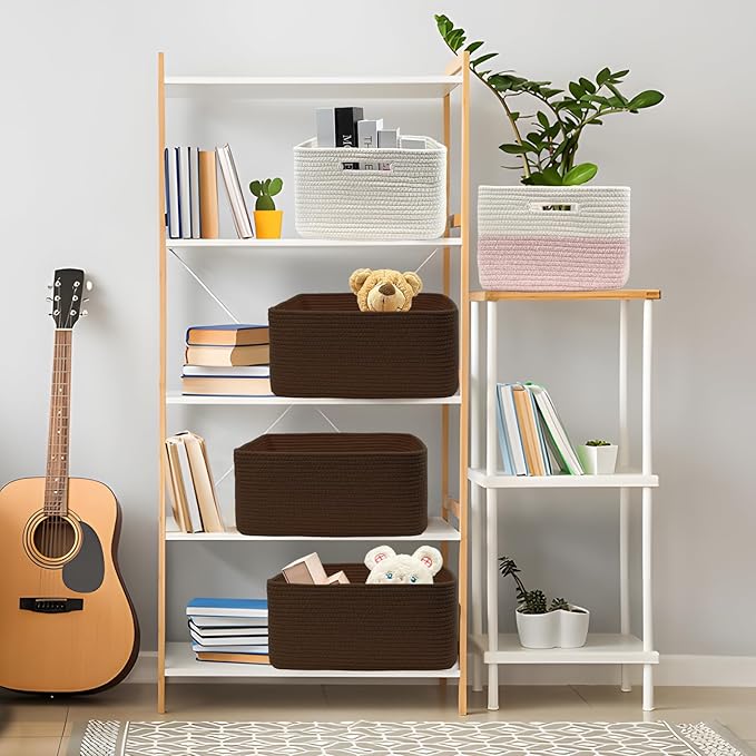 COMFY-HOMI Cotton Rope Woven Basket with Handles for Shelves,Toys,Book, Cloth Storage Baskets for Organizing-17" x 13" x 7.5" Toy Decorative Organizer for Living Room, Bathroom （dark brown）-Ruum Studio Home