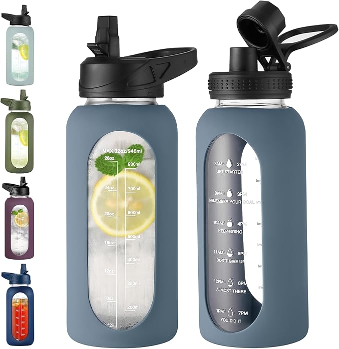 32 oz Glass Water Bottle with Straw and Handle, Sports Motivational Water Flask with Silicone Sleeve, Large Leakproof Water Flask Cup with Time Marker for Travel, Gym, Dark Blue-Ruum Studio Home