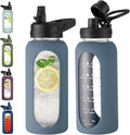 32 oz Glass Water Bottle with Straw and Handle, Sports Motivational Water Flask with Silicone Sleeve, Large Leakproof Water Flask Cup with Time Marker for Travel, Gym, Dark Blue-Ruum Studio Home