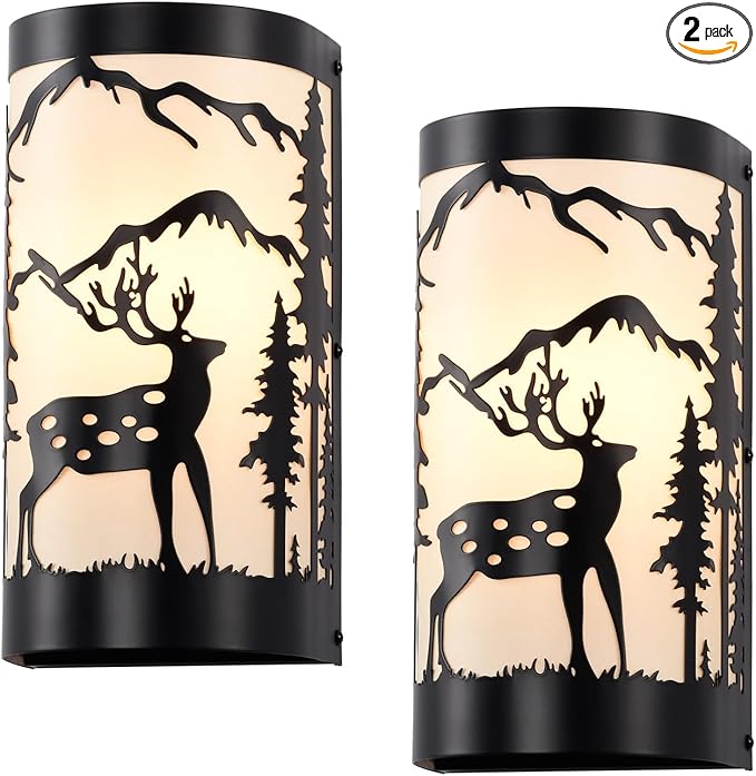 Black Wall Sconces Set of Two,Deer Metal Cream Parchment Rustic Wall Sconces,Farmhouse Indoor Wall Light Fixtures,Industrial Matte Sconce Light,Wall Lamps for Bedroom,Living Room,Hallway-Ruum Studio Home