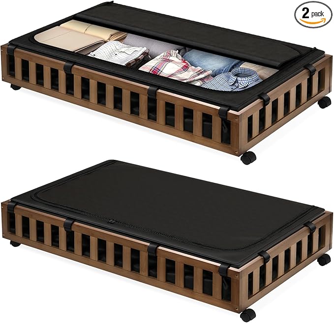 2 Pack Bamboo Under Bed Storage with Wheels, 39”x20”x7.8” Lager Under Bed Storage Containers (Brown)-Ruum Studio Home