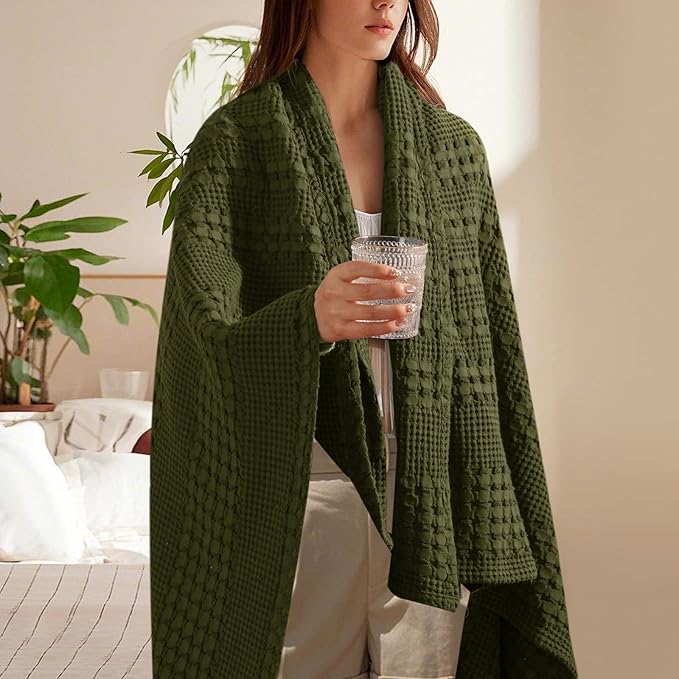 PHF 100% Cotton Waffle Weave Throw Blanket, Soft Lightweight Breathable Cozy Summer Throws for Couch Bed Sofa, Luxury Aesthetic Woven Blanket for Home Decor & Office, 50"x60", Capulet Olive-Ruum Studio Home