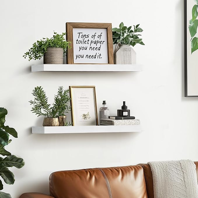 Floating Wall Shelves - 16"x6.8"x1.2" Sturdy Rustic White Solid Wood Shelves for Storage and Décor, Easy Installation for Living Room, Bedroom, and Kitchen - 2 Pack-Ruum Studio Home