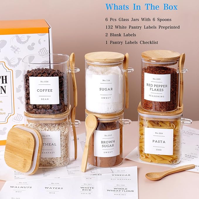6 Pack Glass Jars with Bamboo Lid and Spoons - 17Oz/27Oz Borosilicate Glass Jars with 132 Pantry Labels - for Coffee Beans, Tea, Sugar & More-Ruum Studio Home
