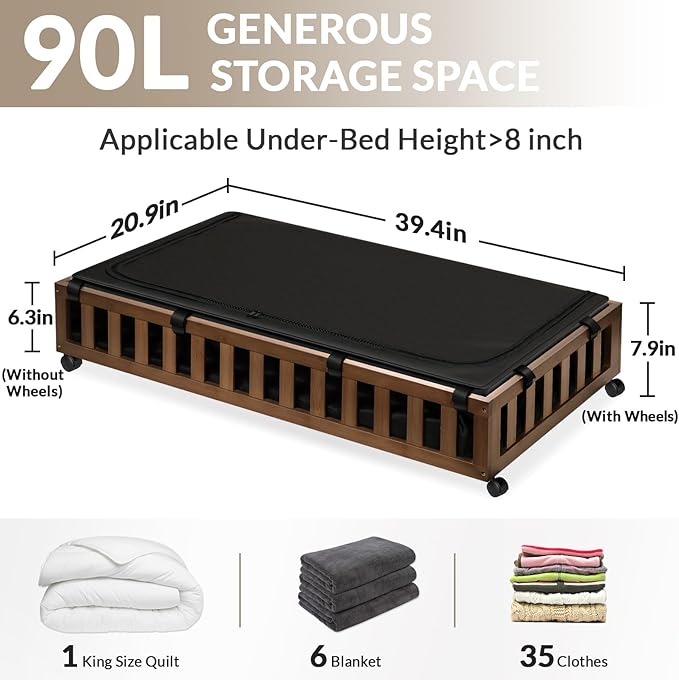 2 Pack Bamboo Under Bed Storage with Wheels, 39”x20”x7.8” Lager Under Bed Storage Containers (Brown)-Ruum Studio Home