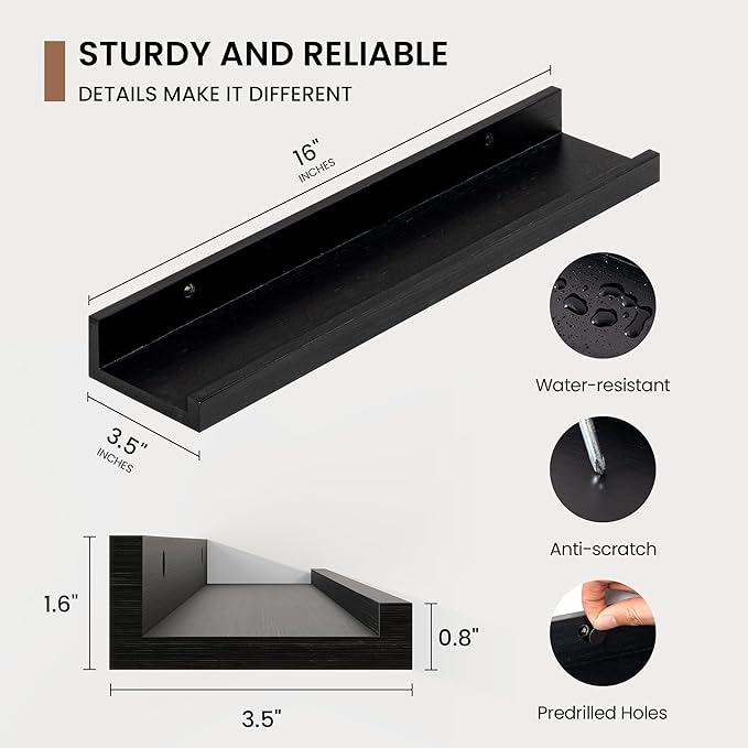 Picture Ledge Shelf, Solid Pine Wood Floating Shelves Set of 4, 16 Inches Nursery Book Shelves for Toys Storage, Kids Bookshelf Wall Mounted for Living Room Decor Photo Frames, Black-Ruum Studio Home