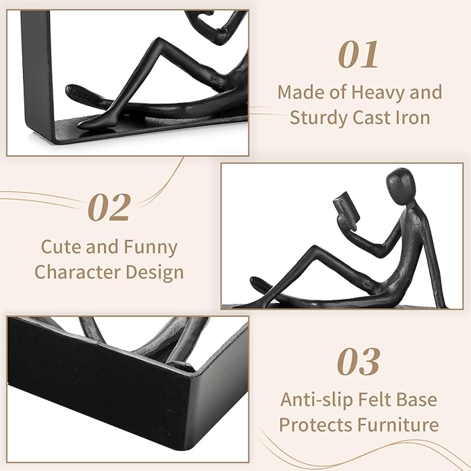 Sziqiqi Book Ends for Shelves Decorative: Cast Iron Bookends for Books Cute Statue Book Ends on Bookshelf Human Sculpture Decoration - Geometric Bookend Unique Gift for Shelves Room Office Decorative-Ruum Studio Home