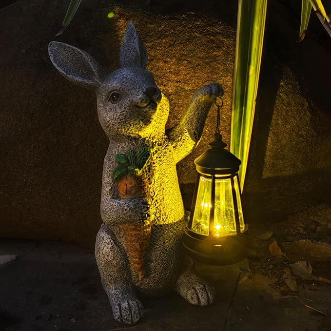 Garden Statues Rabbit Solar Lantern Outdoor Handmade Resin Statue Bunny with Cute Carrot for Patio, Yard,Mother's Day Gift Ideas (rabbit1)-Ruum Studio Home
