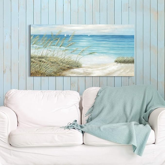 Beach Sea Canvas Wall Art: Coastal Reed Hand Painting Abstract Blue Ocean Sailboat Nautical Picture Modern Seascape Grass Path Artwork Decor for Living Room Bathroom Bedroom-Ruum Studio Home