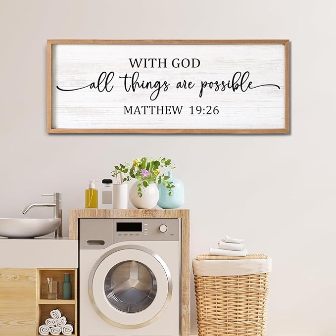 With God All Things are Possible Framed Wall Art, 40''×15'' Positive Religious Rustic Bible Verse for Christian God Jesus Christ Prayer, Vintage Horizontal Holy Inspirational Catholic Scripture Decor-Ruum Studio Home