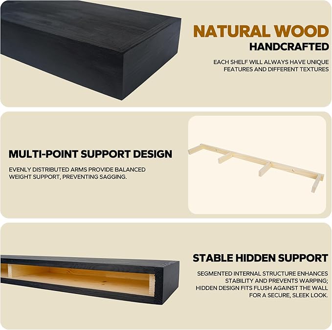 Floating Shelves 3 inch Thick for Wall Set of 2,Solid Pine Wood Wall Mount Shelf for Kitchen Living Room Bedroom Bathroom,8" D x 48" L x 3" H-Black-Ruum Studio Home