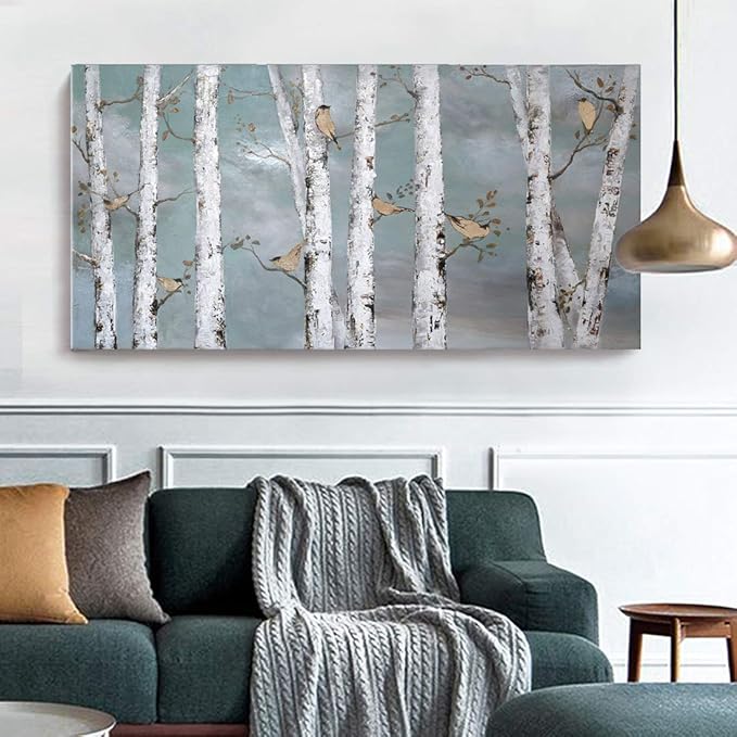 amatop Large Tree Wall Art Hand-Painted Landscape Forest Oil Painting Gallery Wrapped Framed Canvas Gold Bird Artwork 'White Birch at Night' for Living Room Bedroom Office Decor Teal White 48"x24"-Ruum Studio Home