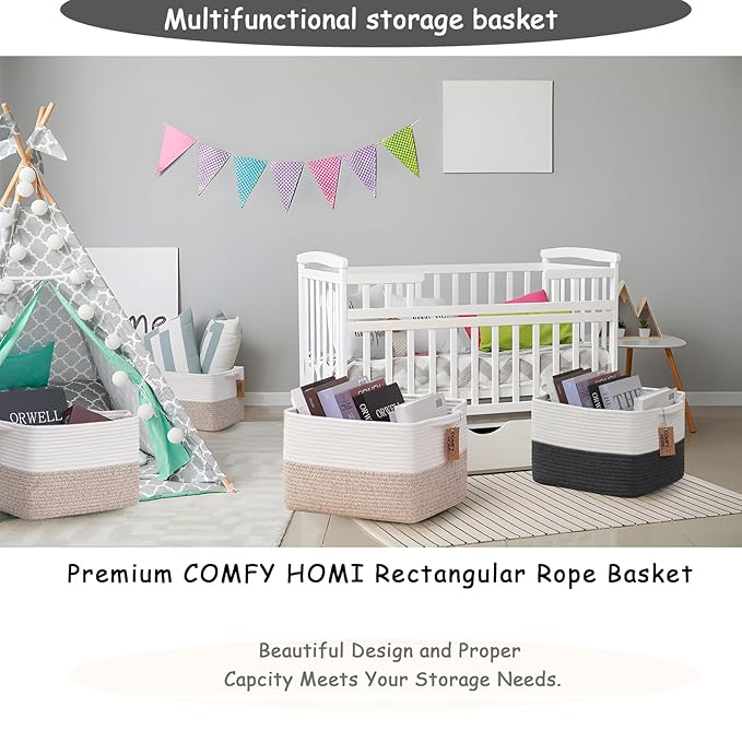 COMFY-HOMI 3-Pack Cotton Rope Woven Basket with Handles for Shelves, Books, Toys, Cloth Storage|Towel Storage|Nursery Baby Basket - 13.5" x 11" x 9.5" for Living Room (White/Brown)-Ruum Studio Home