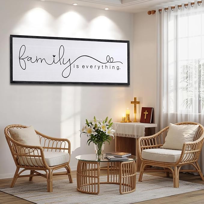 Foutcheou Family is Everything Wall Decor Sign 32"×12" for Family Living Room Large Wood Framed Wall Art Hanging Decoration (Black)-Ruum Studio Home