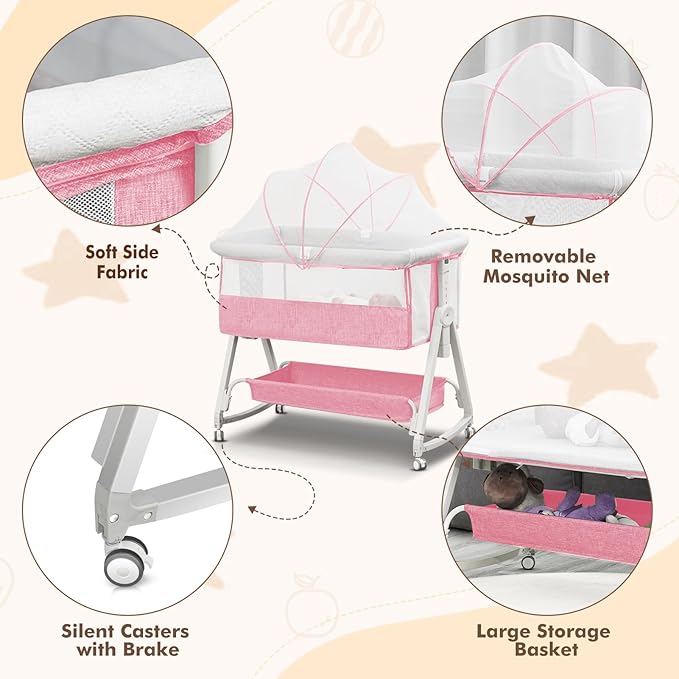 Baby Bassinet Bedside Sleeper for Baby,Bedside Bassinet with Wheels and Storage Basket, 6 Height Adjustable Bedside Crib(Upgrade Pink)-Ruum Studio Home