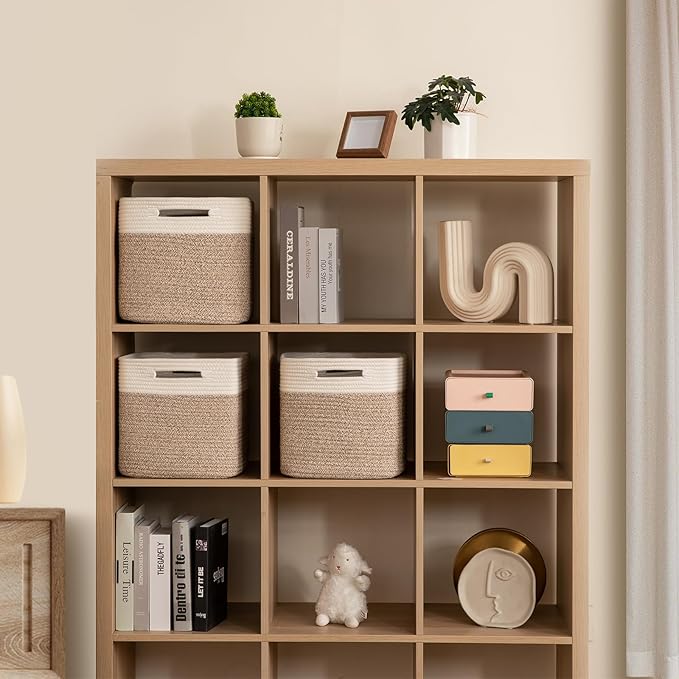 OIAHOMY Storage Cubes 11 Inch Storage Bins-3-Pack, Cotton Rope Woven Baskets for Organizing, Square Storage Baskets for Shelves Organizer, Classroom, Kids Toy Bins, Closet, Baby Nursery-Brown-Ruum Studio Home