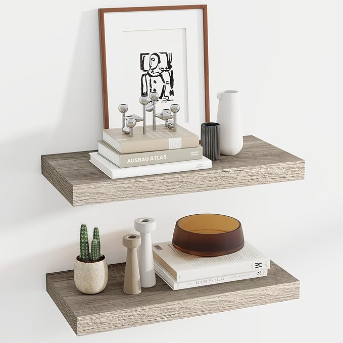 24 Inch Floating Shelves, 11.6 Inch Deep Floating Shelves for Wall, Floating Shelf with Invisible Brackets, Deep Shelves for Bathroom, Bedroom, Living Room, 2 Pack, Vintage Gray Oak-Ruum Studio Home