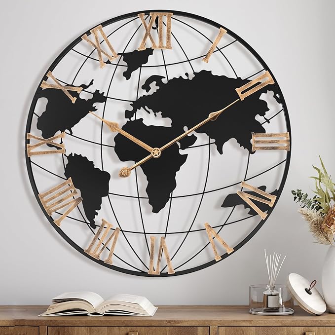 20 Inch Large Wall Clock for Living Room Decor,Big Modern Decorative Silent World Map Metal Wall Clock with Vintage Gold Roman Numeral for Office,Living Room,Kitchen,Dining Room-Ruum Studio Home