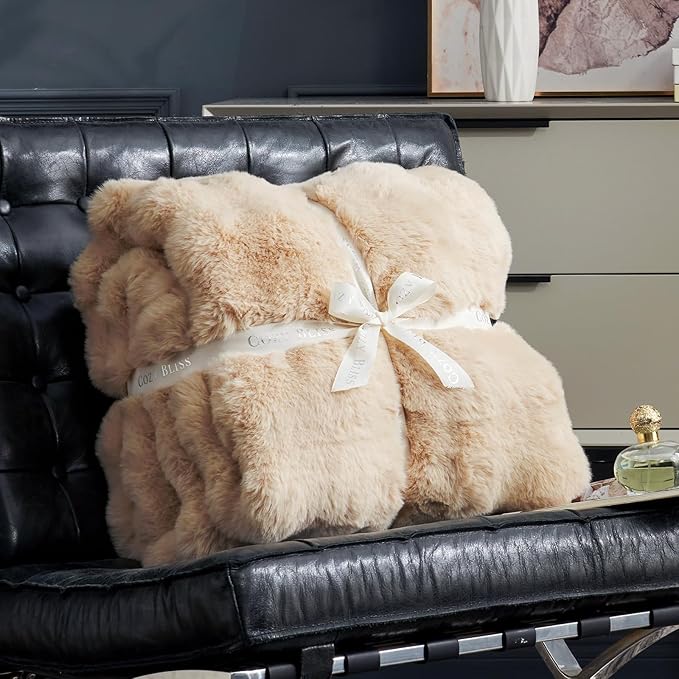 Cozy Bliss Faux Fur Throw Blanket for Couch, Fuzzy Soft Plush Thick Bubble Blanket for Sofa Bedroom Living Room, 50 * 60 Inches Beige-Ruum Studio Home