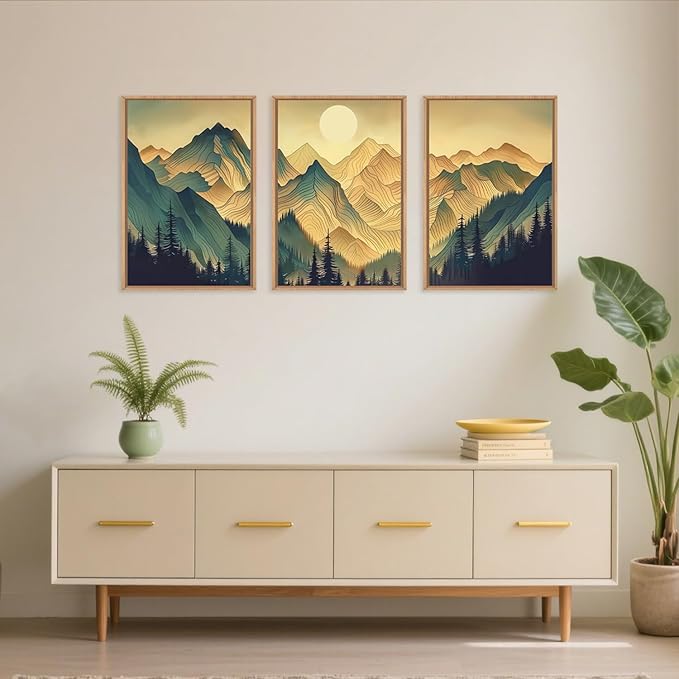 Celestdeco Mountains Forests Framed Canvas Wall Art Set, Abstract Sun Woodland Painting, Boho Scenery Sun Wall Decor, Natural Woodgrain Art Print for Living Room, Bedroom, Dining Room, Office - 16"x24"x3-Ruum Studio Home