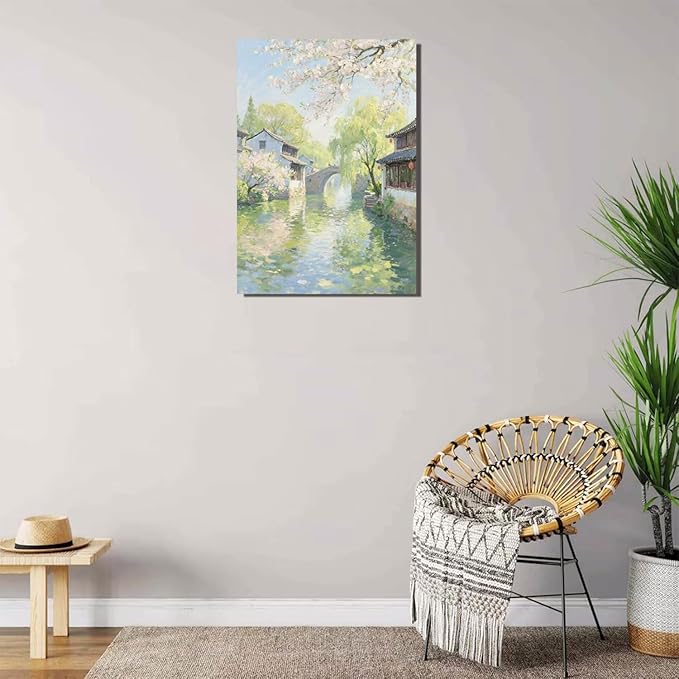 Small bridge stream house Jiangnan style landscape poster suitable for living room bedroom office natural oil painting poster-Ruum Studio Home