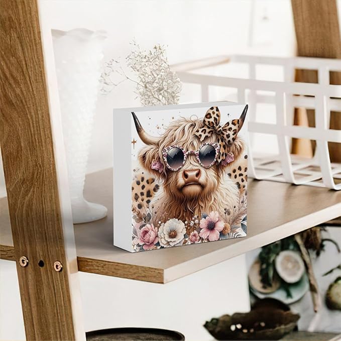 Highland Cow Decor, Highland Cow Gifts for women, Cow With Leopard Bow, Highland Cow Nursery Decor, Wooden Box Decor Sign for Home Farmhouse Office Living Room Table Shelf-Ruum Studio Home